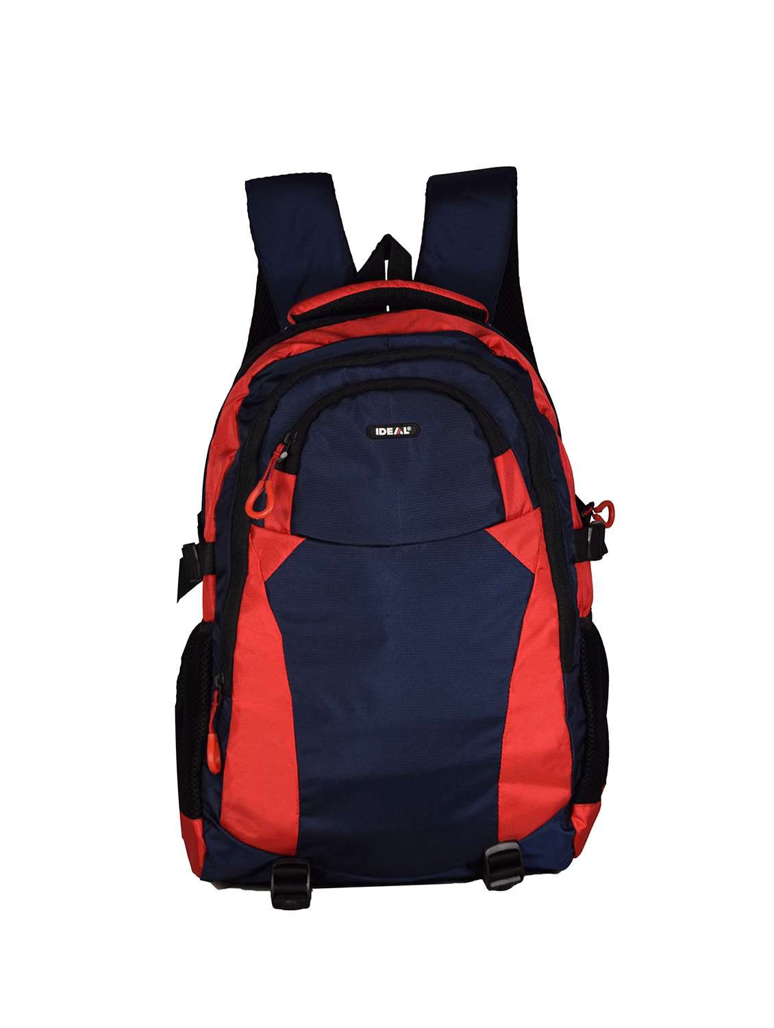 red and blue polyester backpack