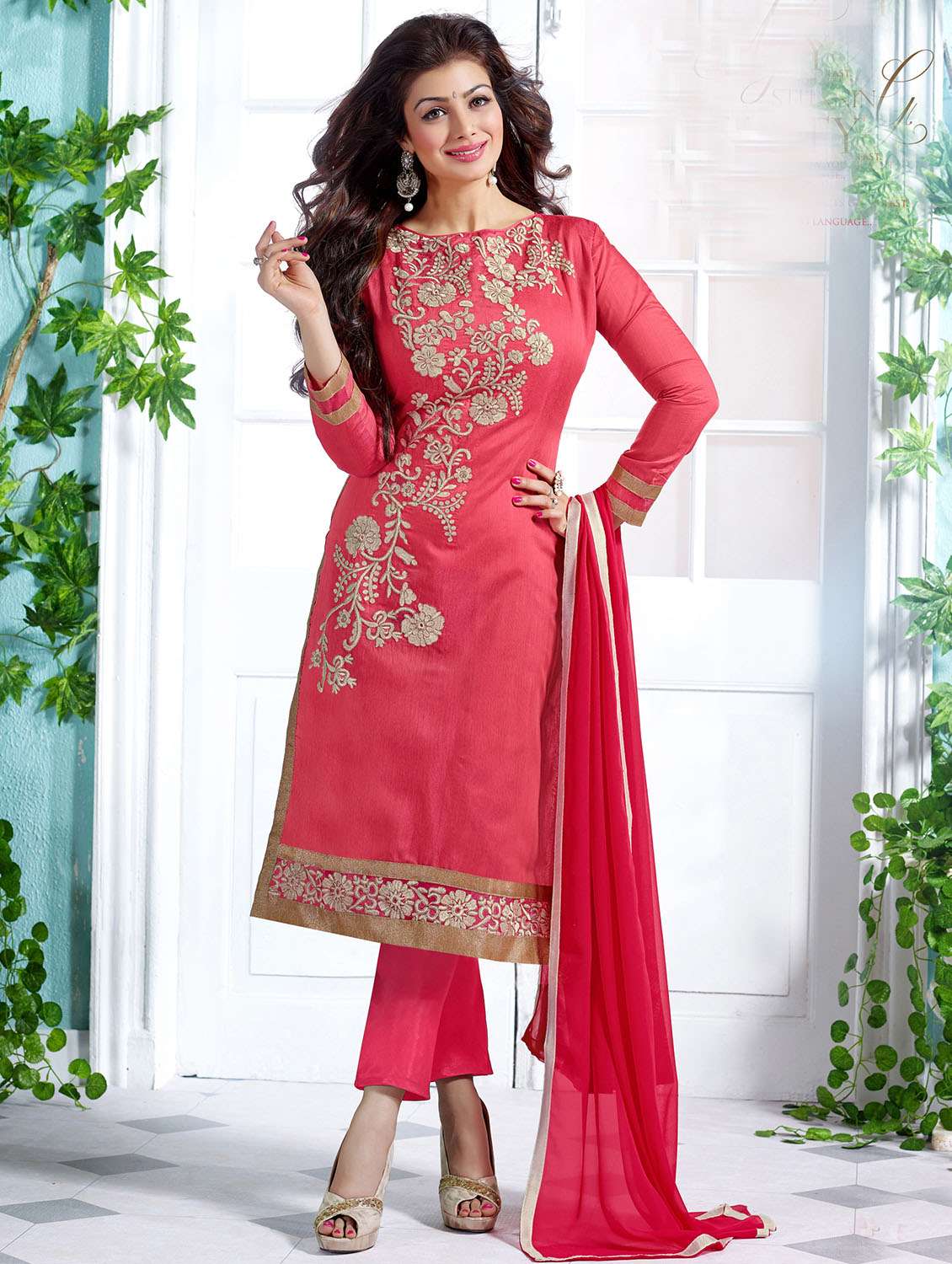 peach cotton embroidered unstitched suit set