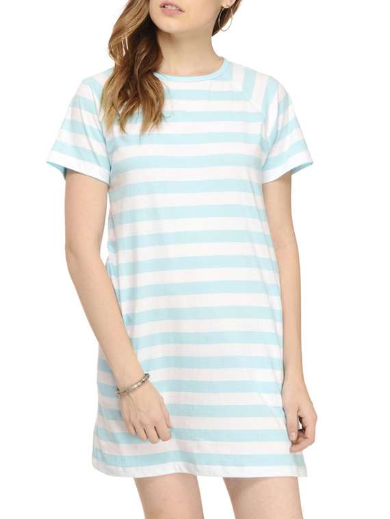 blue jersey striped shift dress