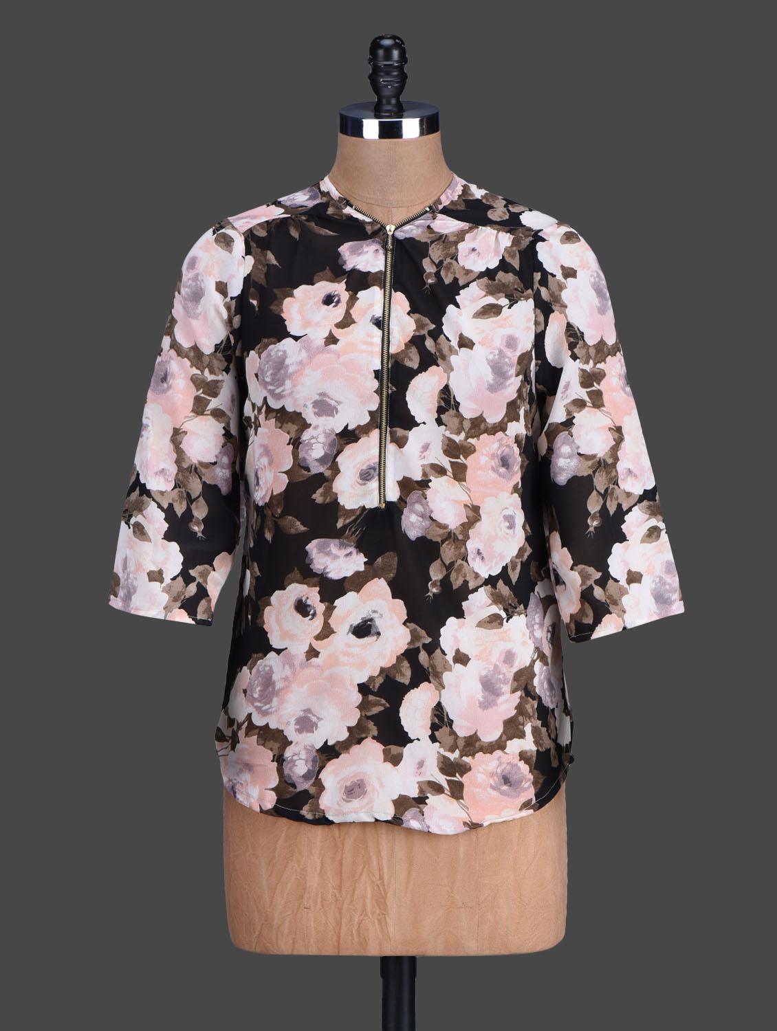 Quarter Sleeves Floral Print Georgette Top - London Off