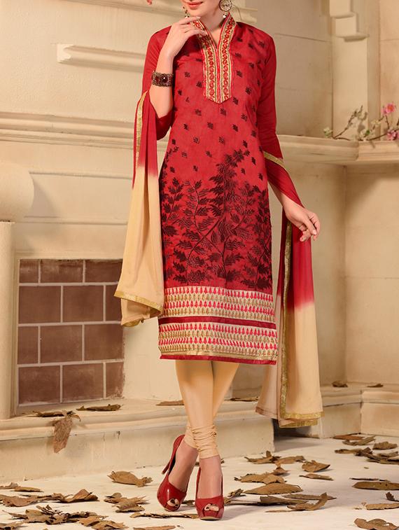 red chanderi cotton unstitched suit