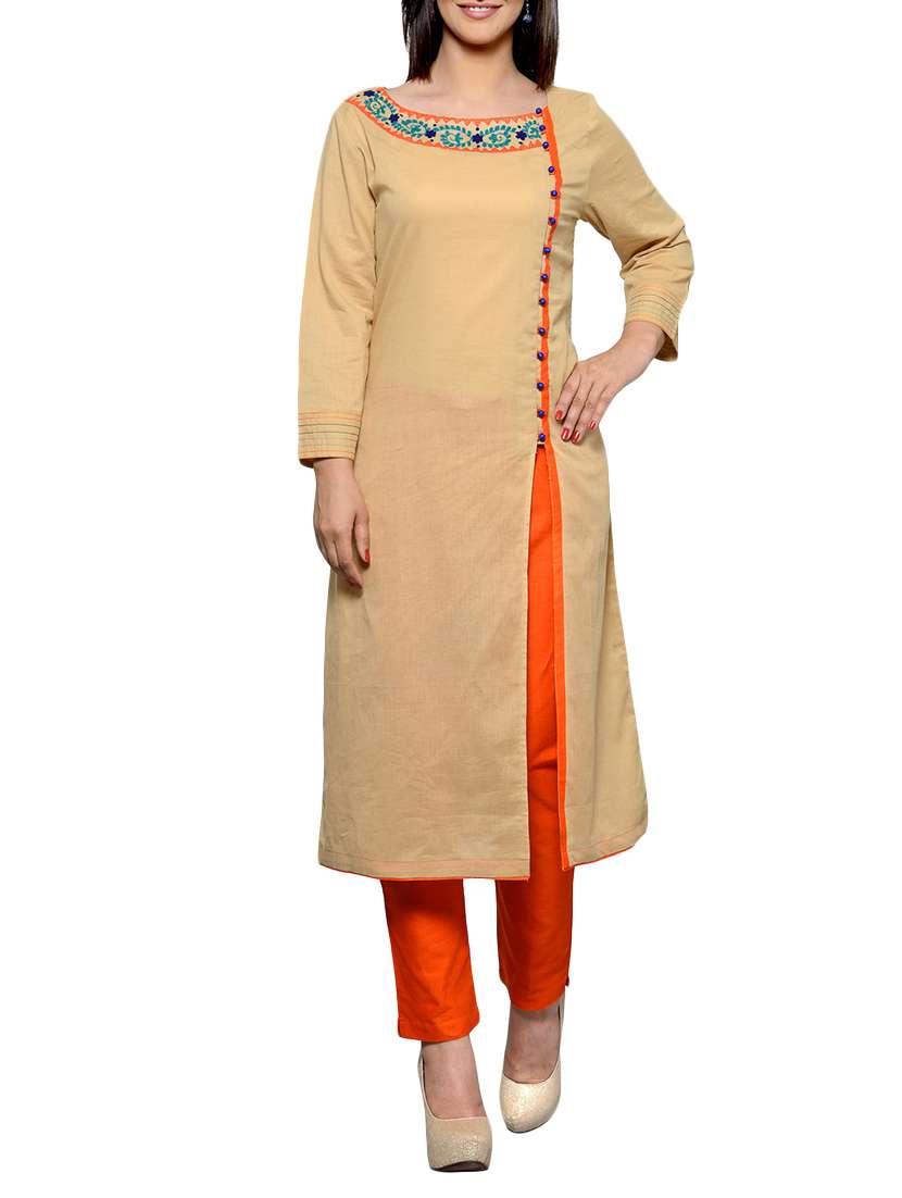 beige cotton high slit kurta