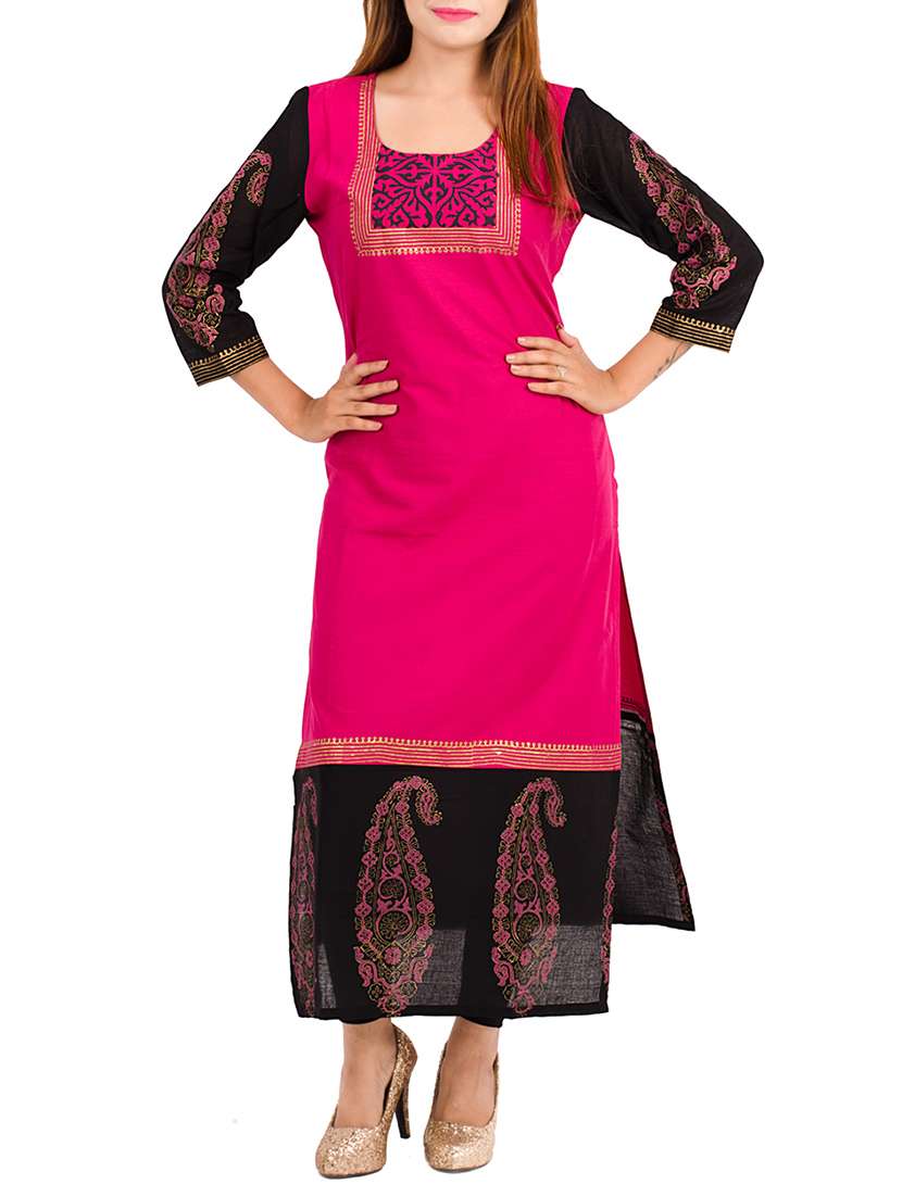 pink cotton printed long kurta