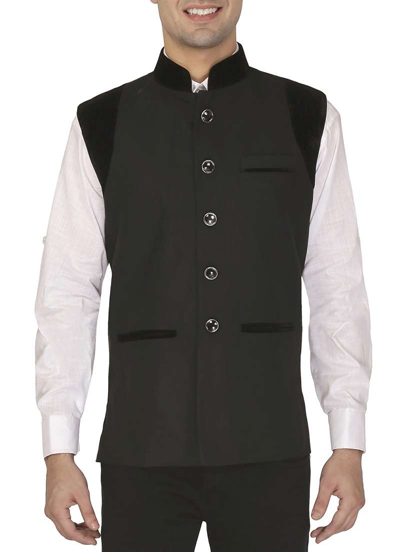 Black Cotton Nehru Jacket from Jackets 