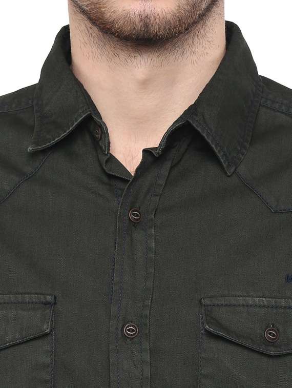 mufti mens olive slim fit mid rise casual shirts - 11716008 -  Standard Image - 3