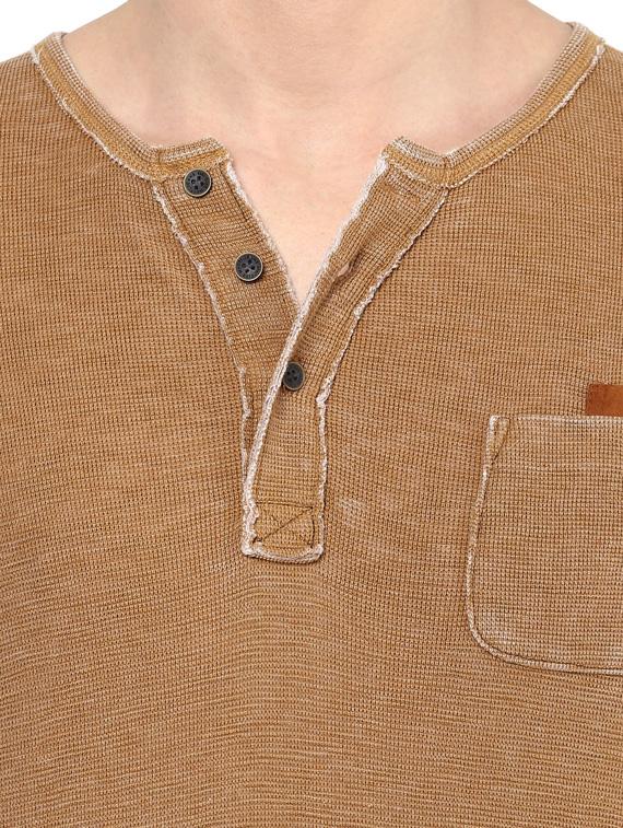 solid brown cotton henley t-shirt - 11716079 - Standard Image - 3