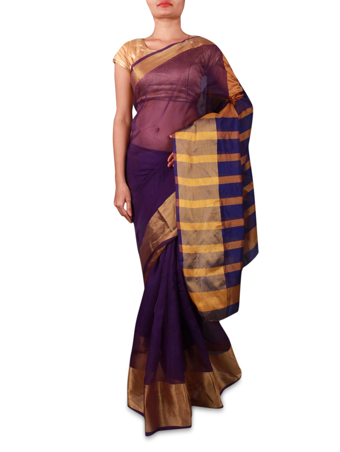 Purple Cotton Silk Saree With Striped Aanchal - INDI WARDROBE