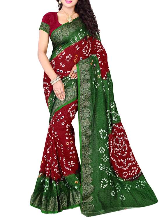 green and maroon cotton bandhani saree with blouse