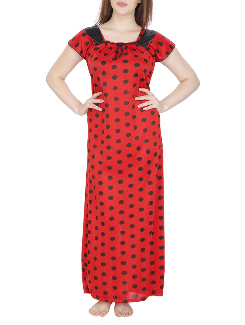 red polka dots printed satin nighty - 11748352 -  Zoom Image - 0