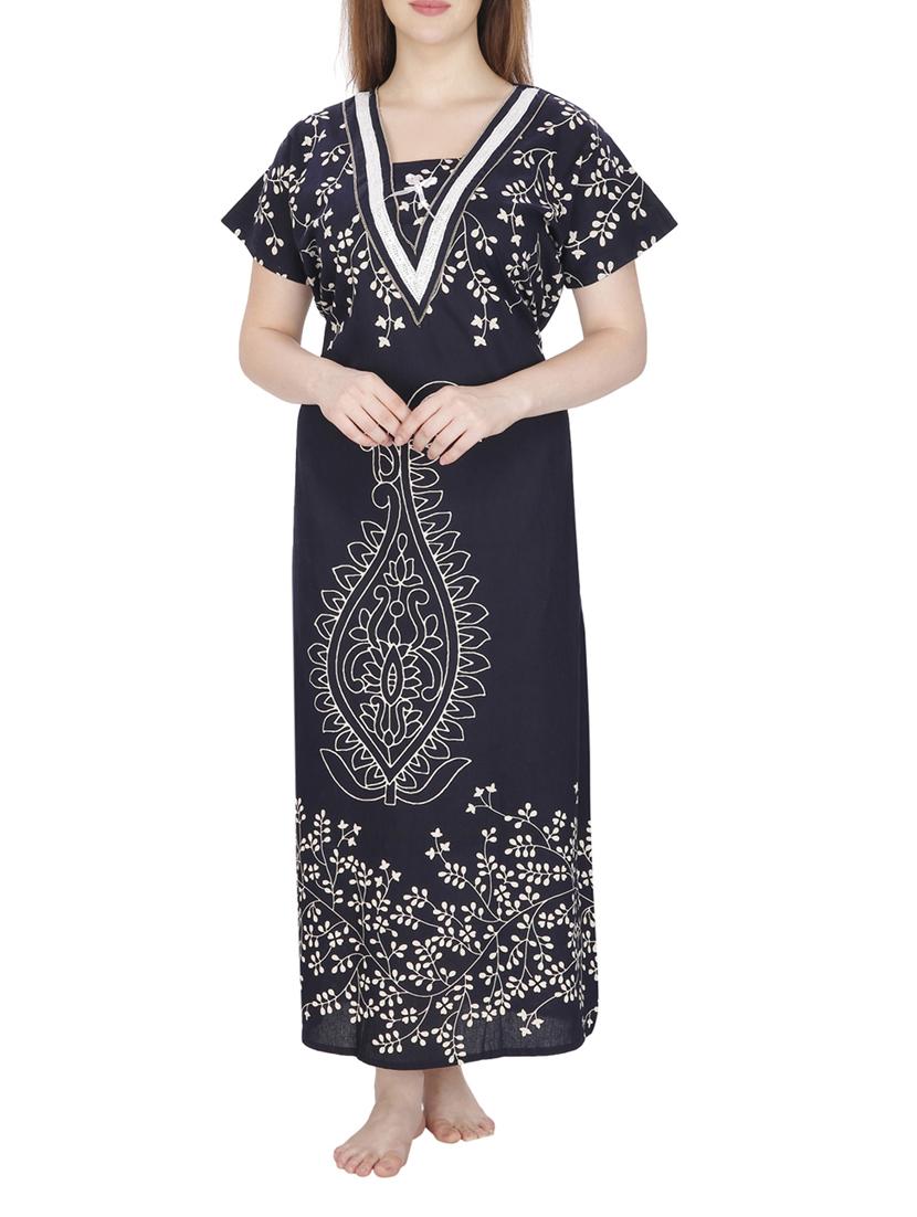 navy blue printed cotton nighty - 11748355 -  Zoom Image - 0