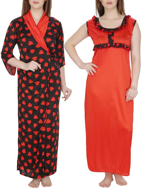 red printed satin robe and nighty set - 11748378 - Standard Image - 0