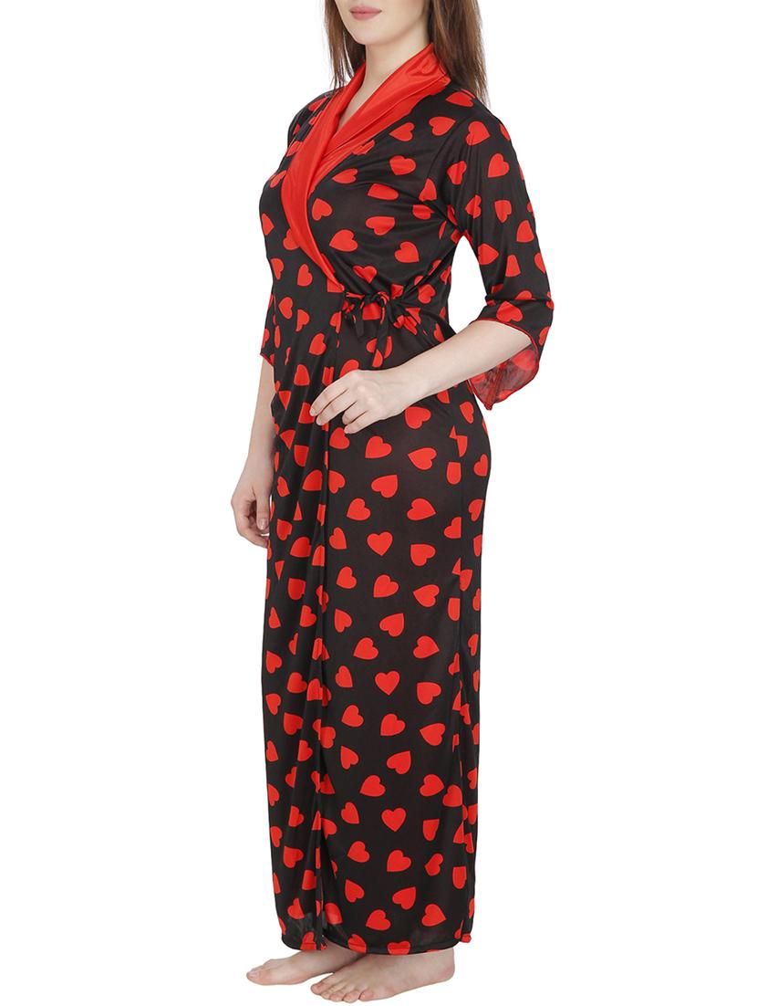 red printed satin robe and nighty set - 11748378 - Standard Image - 3