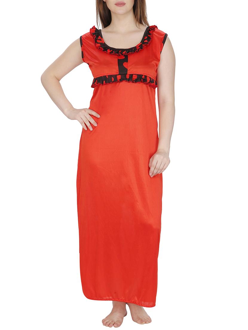 red printed satin robe and nighty set - 11748378 - Standard Image - 5