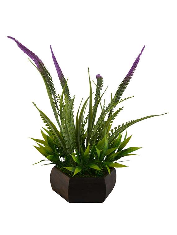 Thefancymart Artificial Fern leaves bush plant (size 12 inchs/ 30 cms) with wood Hexagun pot-0237-890