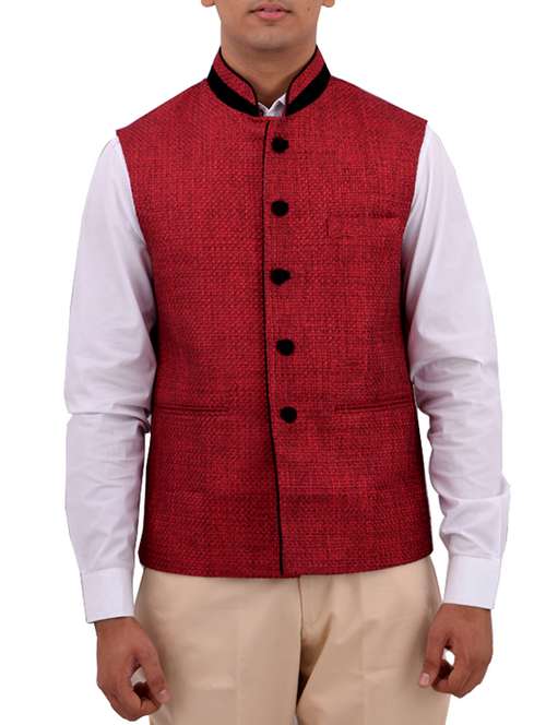 solid maroon cotton nehru jacket - 11757435 -  Standard Image - 0