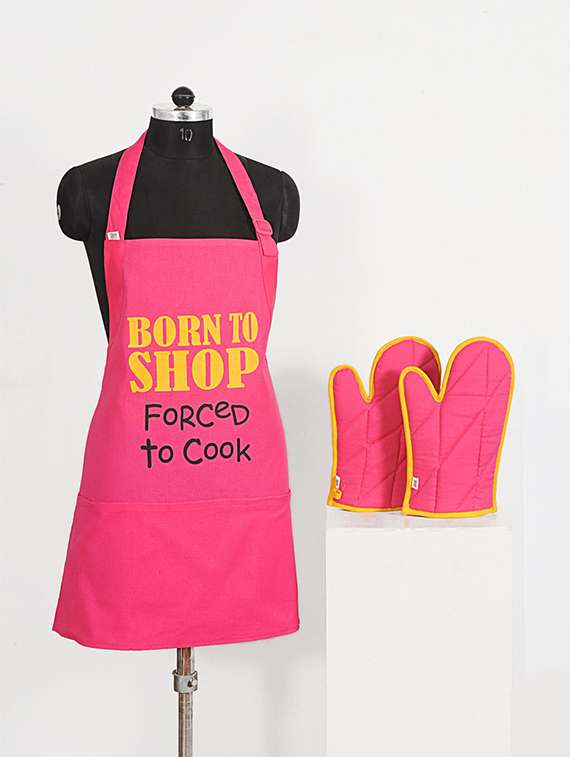 set of 3 pink and yellow colour printed cotton kitchen