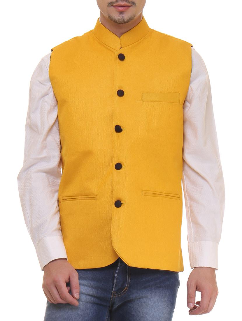 solid yellow cotton nehru jacket - 11764113 - Zoom Image - 0