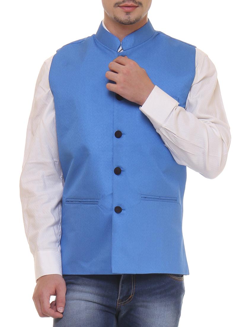 light blue cotton nehru jacket - 11764116 - Zoom Image - 0