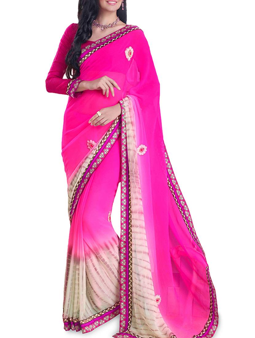 Pink patchwork detailed georgette saree