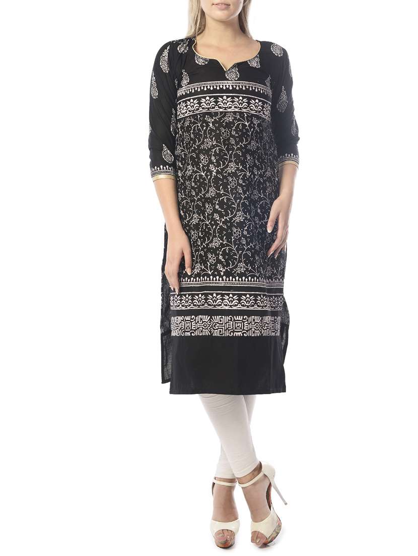 black printed cotton kurta