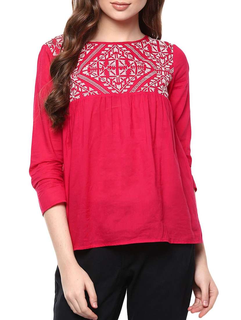 pink embroidered cotton three quarter sleeved top