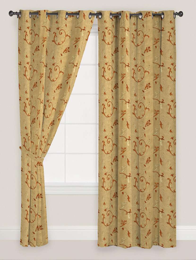 orange n gold colour floral tissue embroidered with lining curtain