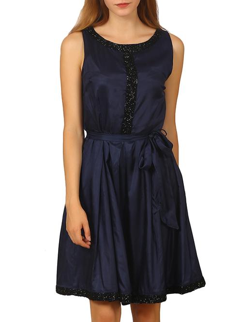 dark blue silk blend fit & flare dress - 11788430 - Standard Image - 0