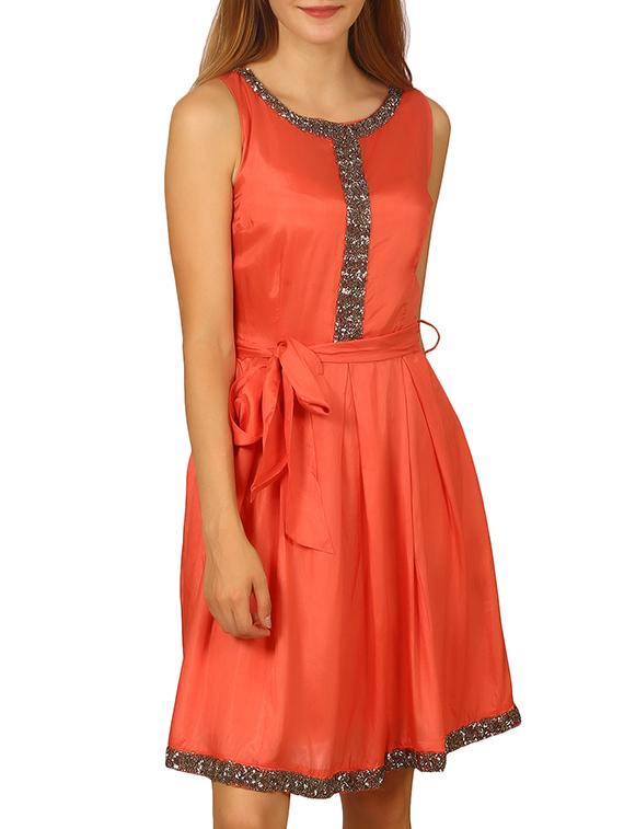 orange silk blend fit & flare dress - 11788431 - Zoom Image - 0