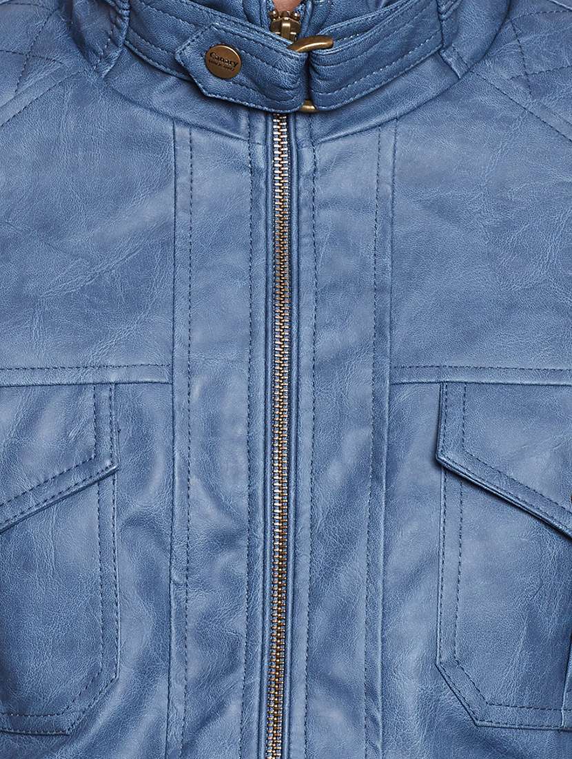 solid blue leatherette casual jacket - 11789683 - Standard Image - 3