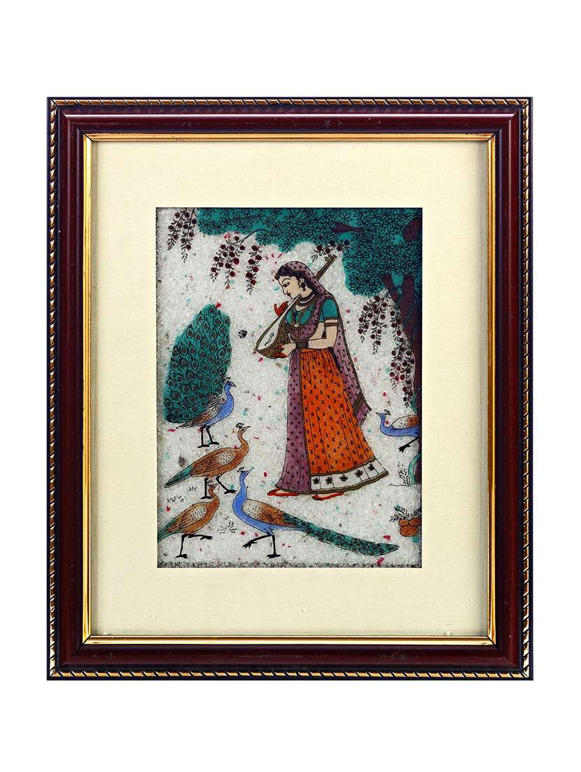 multicolored wood studded ragini with peacock motif wall painting
