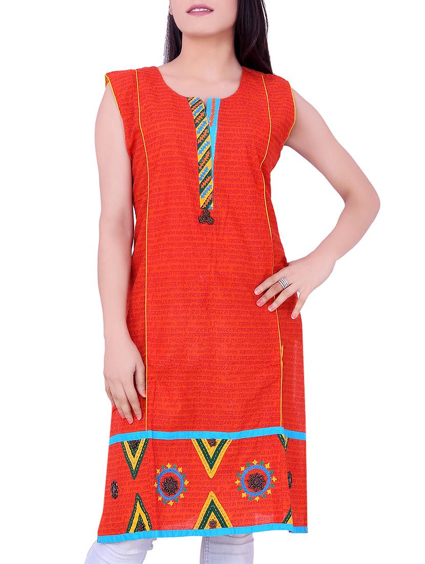 Red Printed Cotton Round Neck Kurti - Sequins
