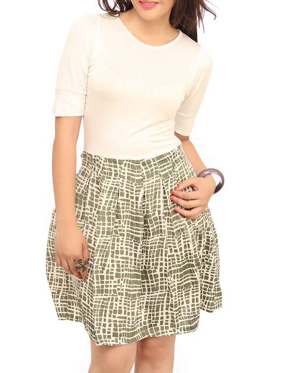 white printed rayon skater dress