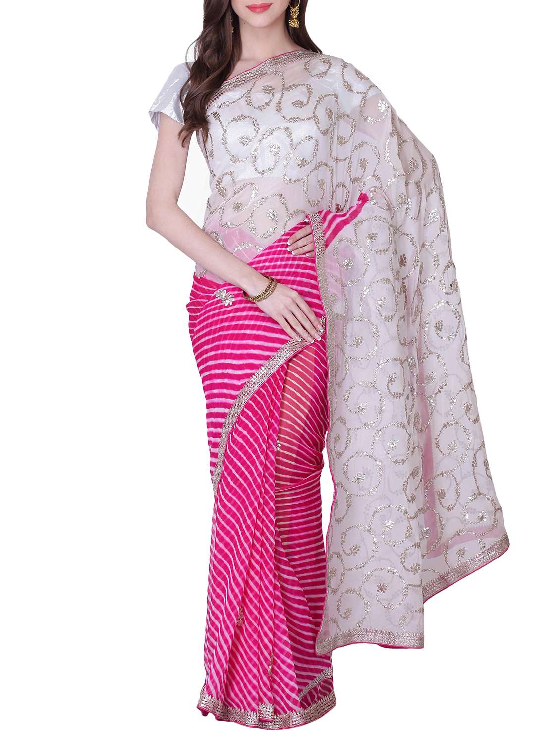 pink and white gota patti georgette saree with blouse