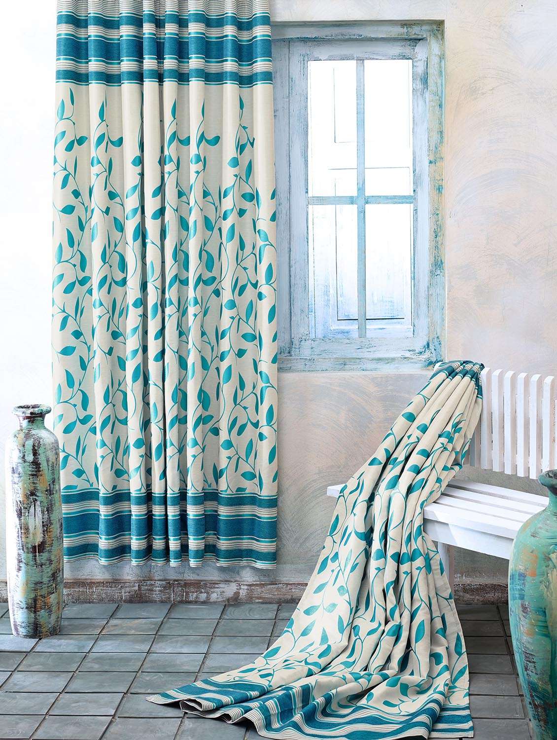 Buy Online Cream And Blue Jacquard Curtain From Curtains