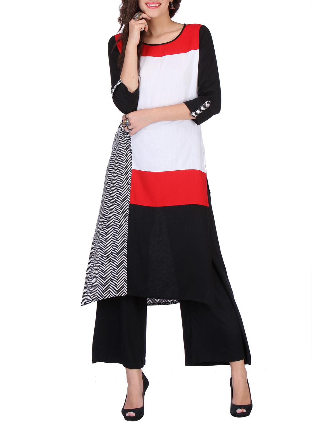 Varanga black, red & White Cotton Rayon Kurta With Palazzo