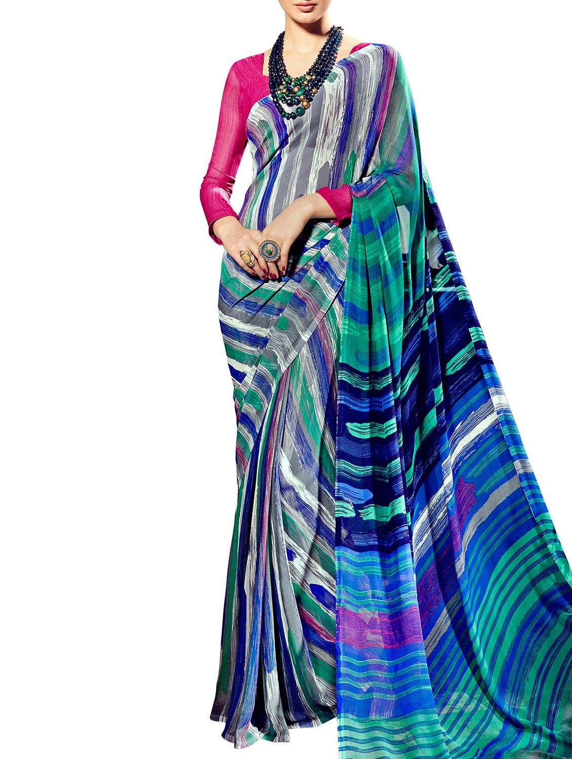 multi colored georgette printed saree with blouse