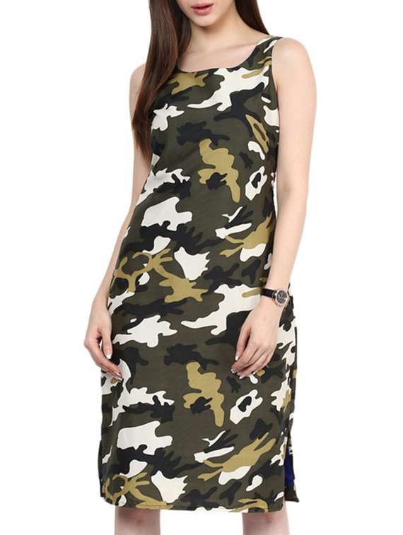 side slit camouflage sheath dress