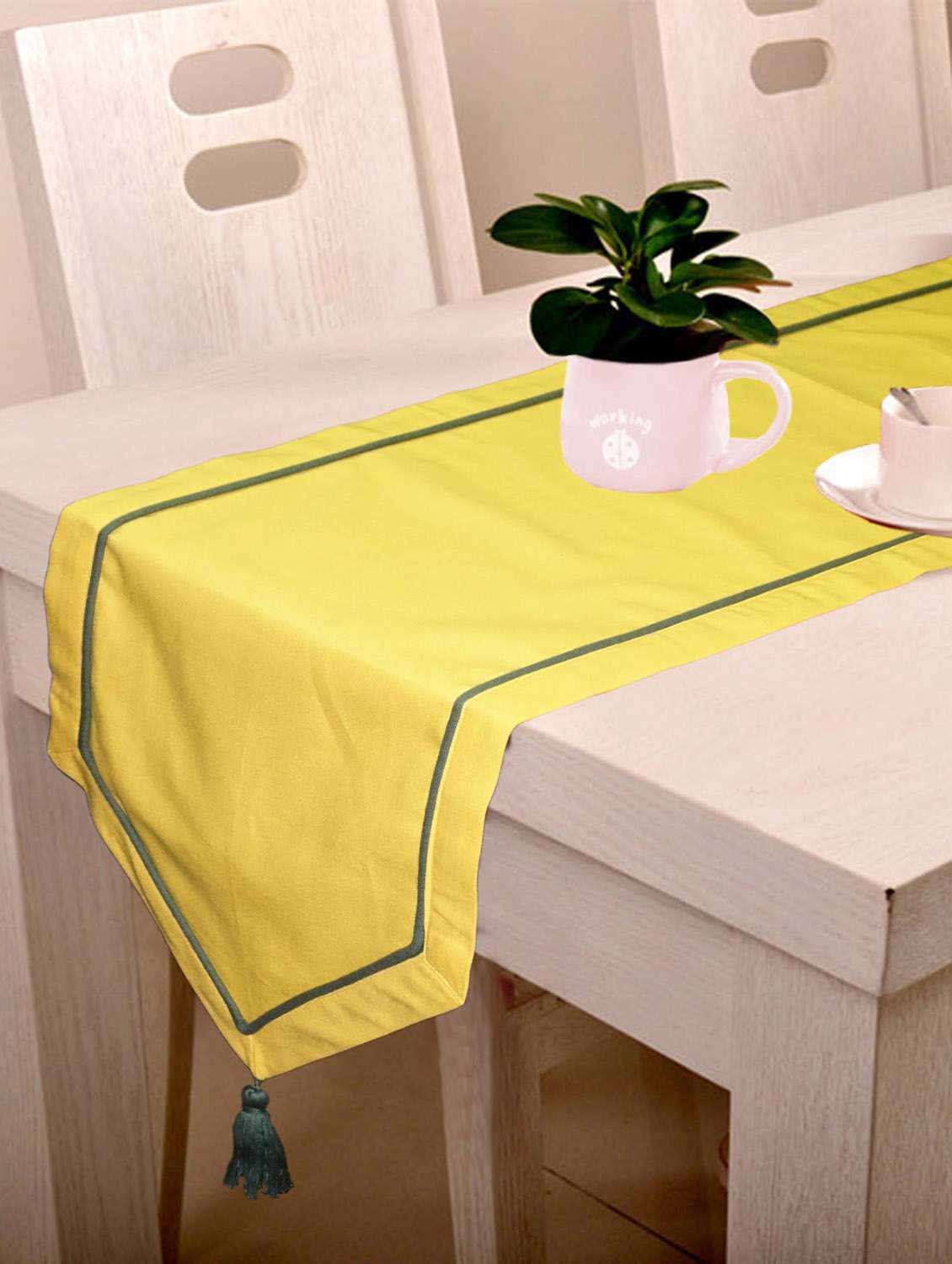 lushomes yellow table runner with green contrasting cord piping