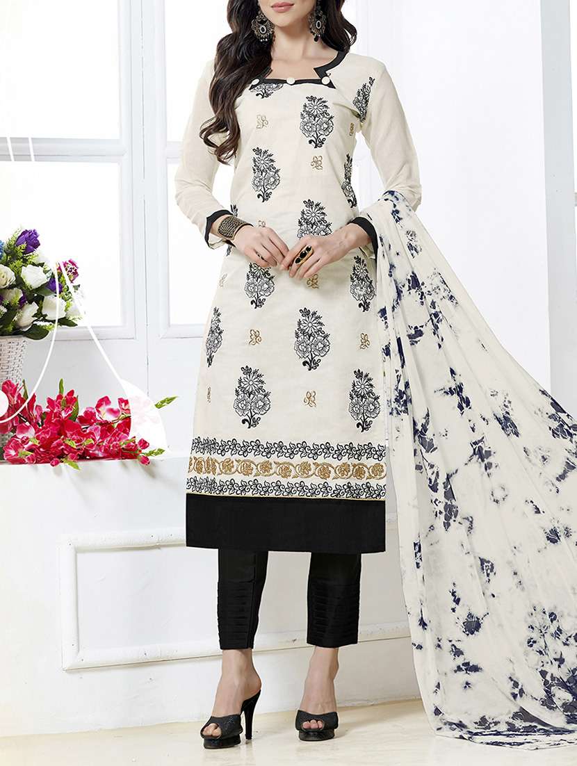 white cotton blend semistitched suit