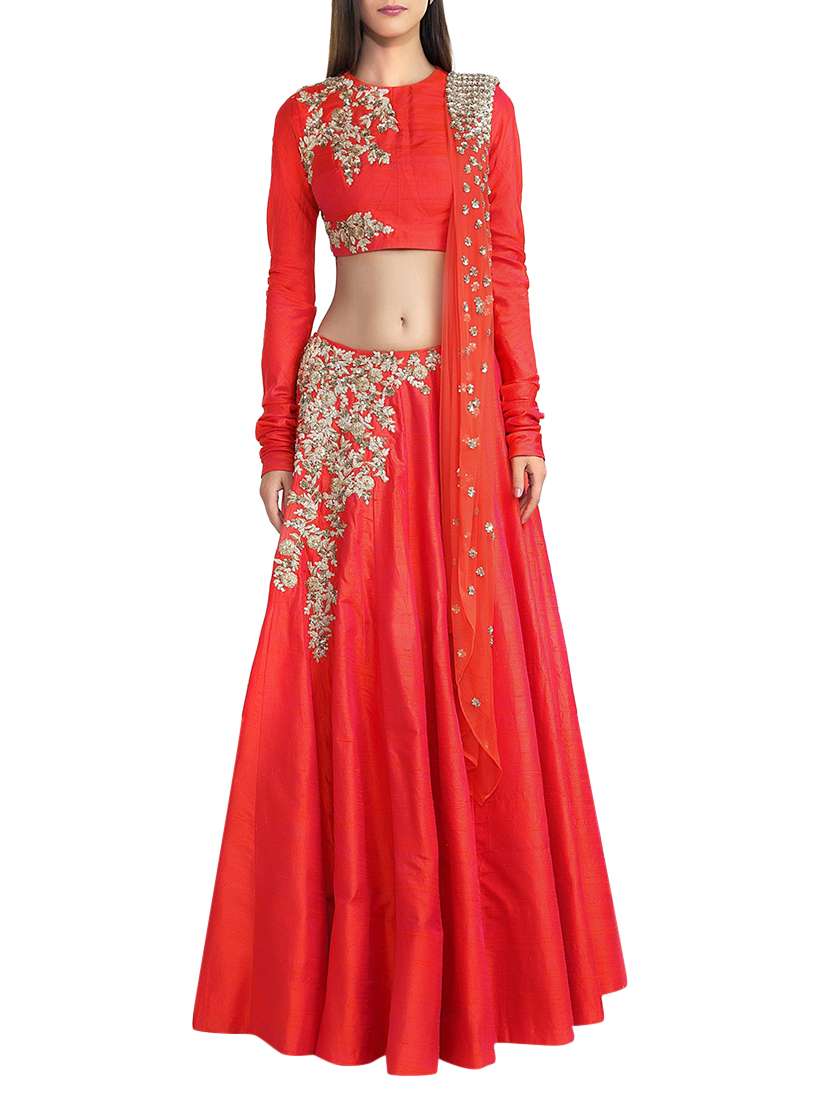 red silk flared lehenga