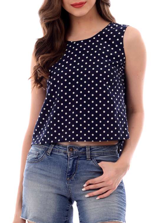 blue polka dots printed cotton crop top