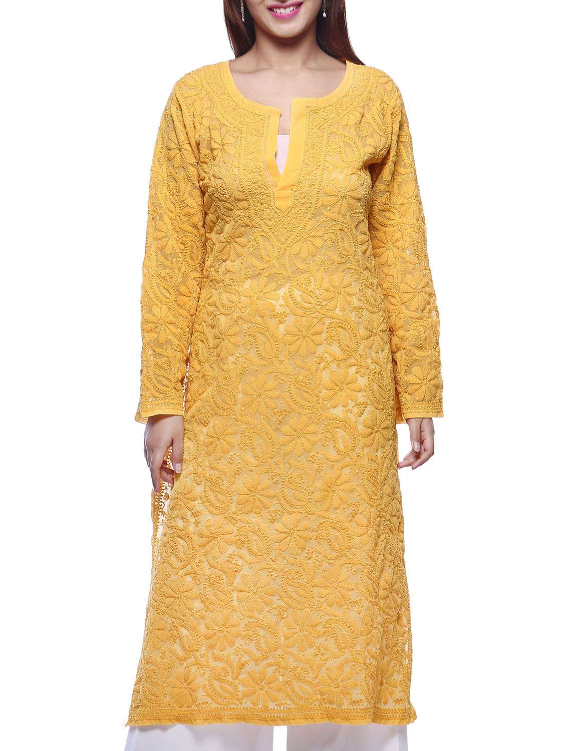 Yellow Chikankari Embroidered Georgette Kurta