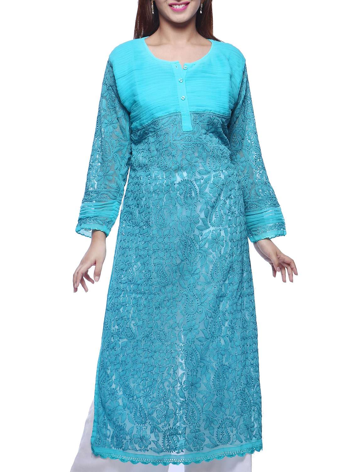 Turquoise Chikankari Embroidered Georgette Kurta