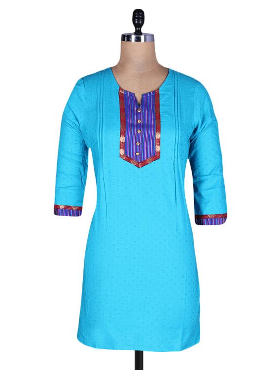 Turquoise Cotton Round Neck Kurti - By