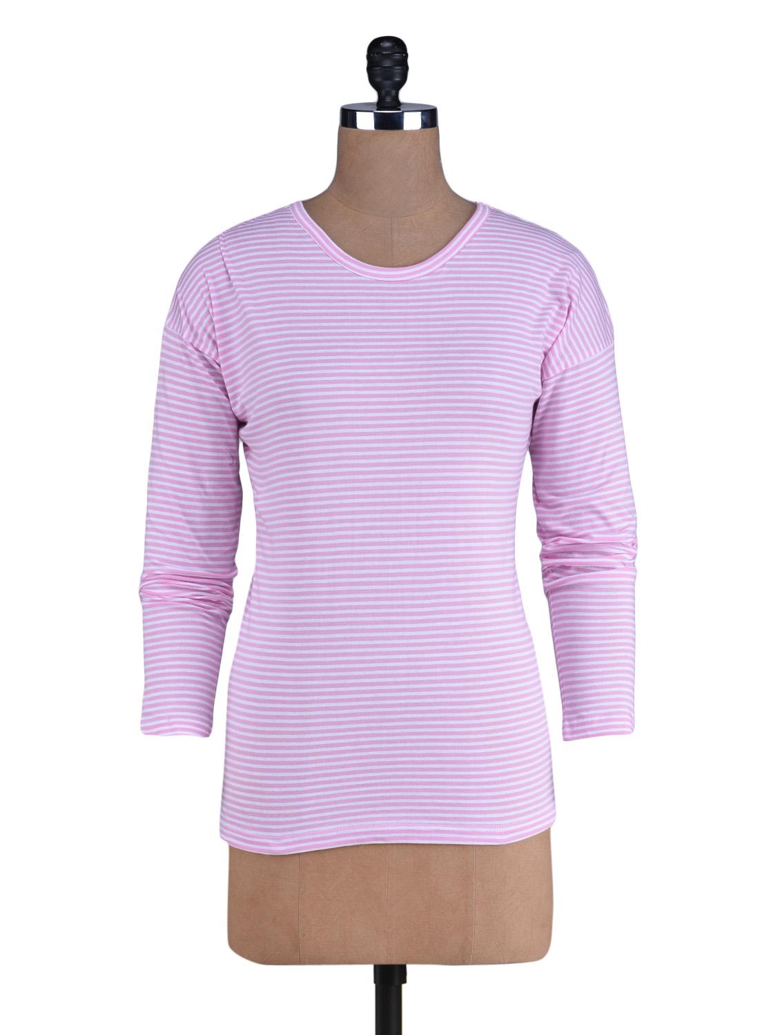Baby Pink Striped Knitted Cotton T-Shirt - By