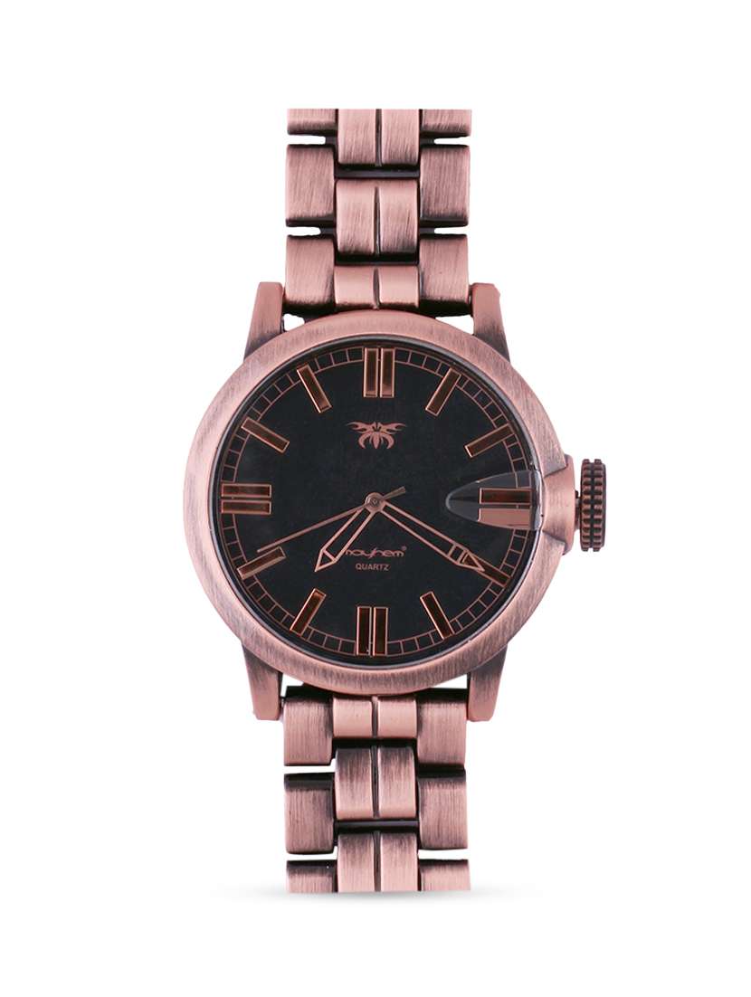 black base round frame metallic bronze strap watch