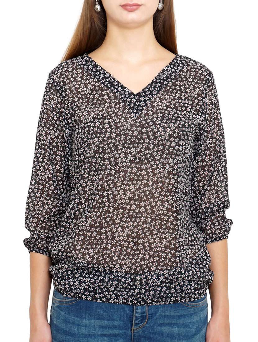 black floral printed poly georgette regular top