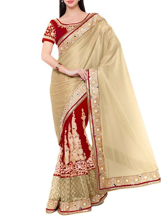 red satin lycra embroidered saree with blouse