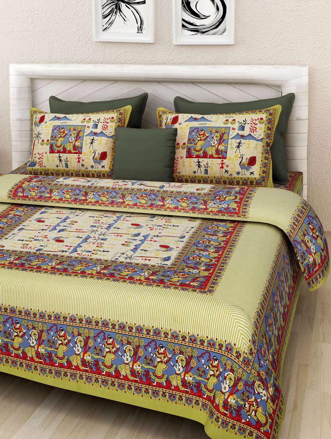 multi colored cotton double bedsheet with two pillow cover