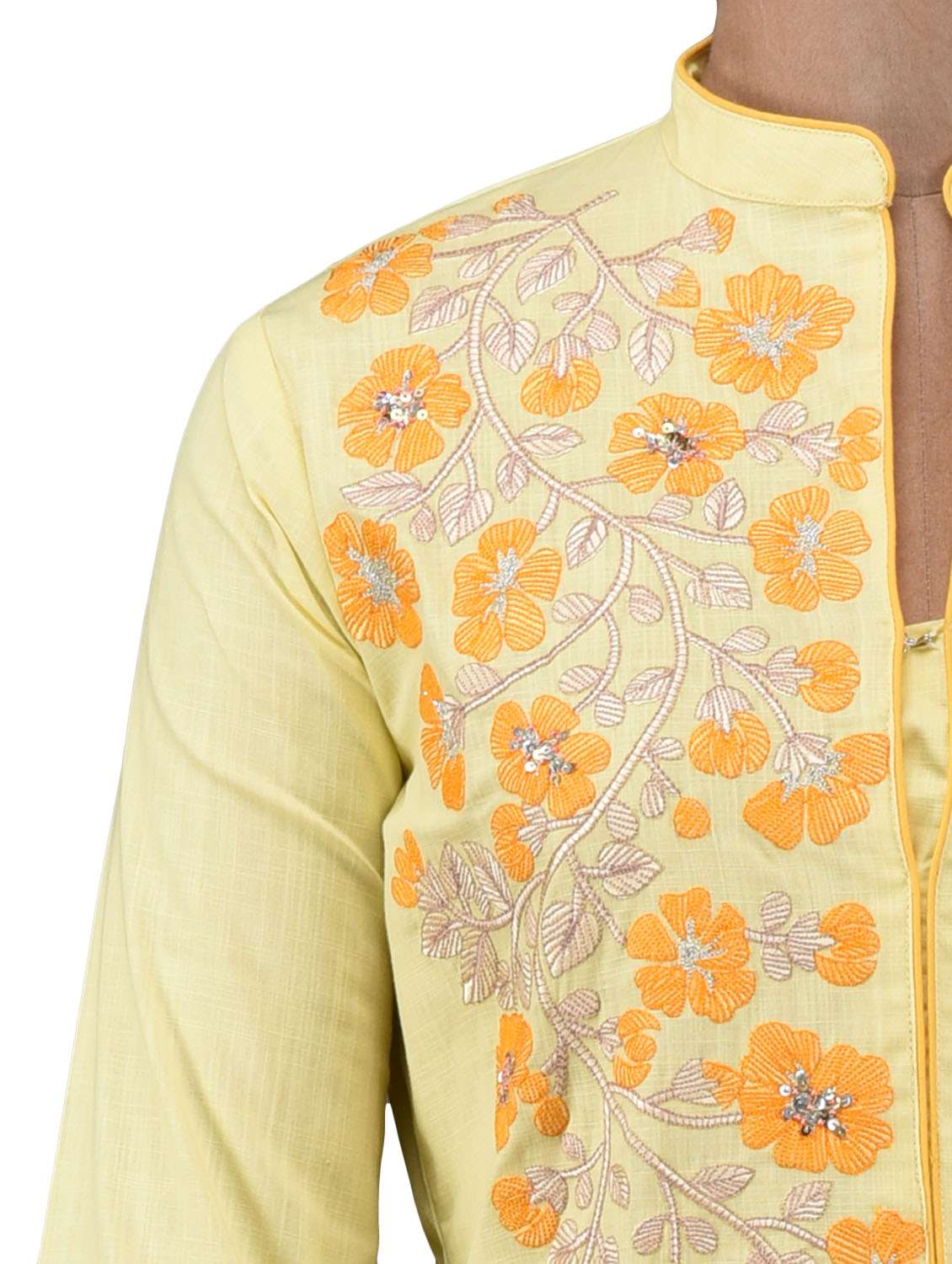 yellow beaded embroidered sequin worked cotton kurta - 1208861 -  Standard Image - 3